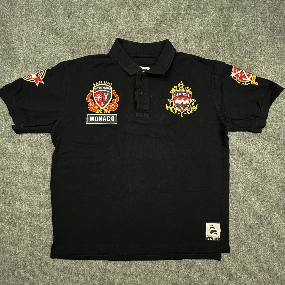Gazzoil France Polo Shirt Mens XXL Black Nautical Sailing Monaco Patches Pique